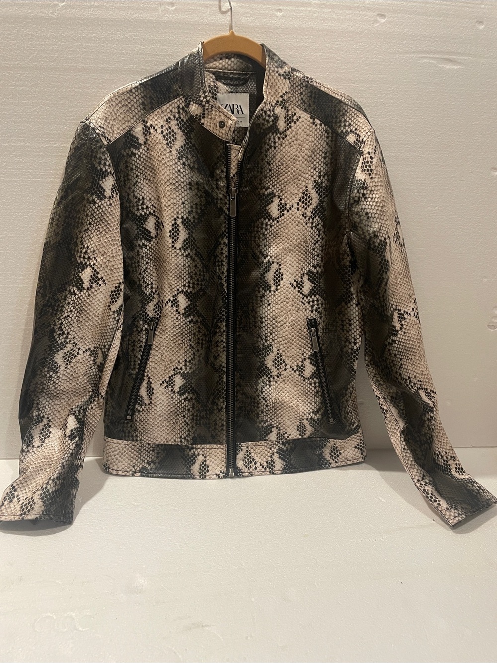 Zara Beige and Black Snake-Print Faux Leather Jacket
